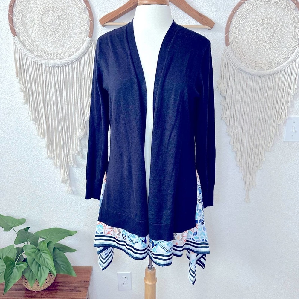 Chicos dk blue layered look open cardigan medium